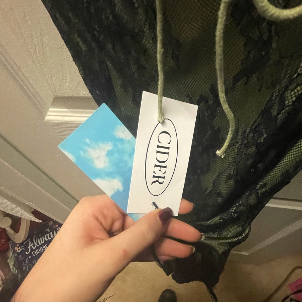 Green with black lace knee high slip dress - Picture 7 of 8